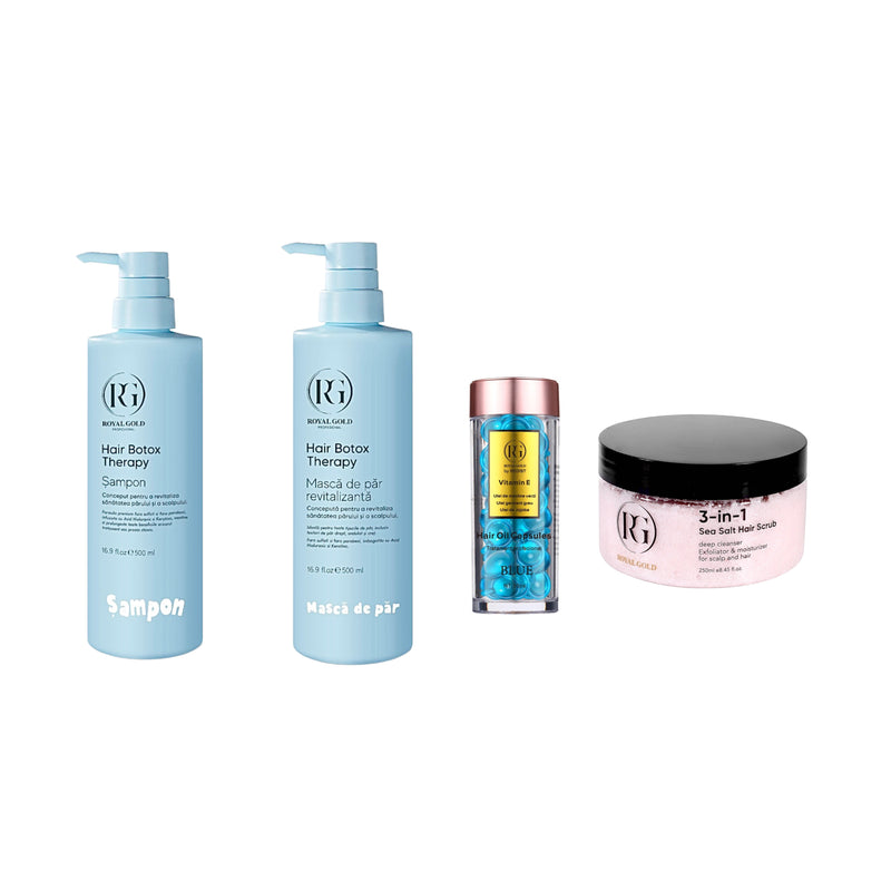 Șampon Hair Botox Therapy by Royal Gold 500 ml + Mască de păr revitalizantă Botox Therapy  by Royal Gold 500 ml + Capsule ser tratament pentru păr Blue Royal Gold by Redist 30 Buc + Scrub pentru scalp 3 în 1 Royal Gold