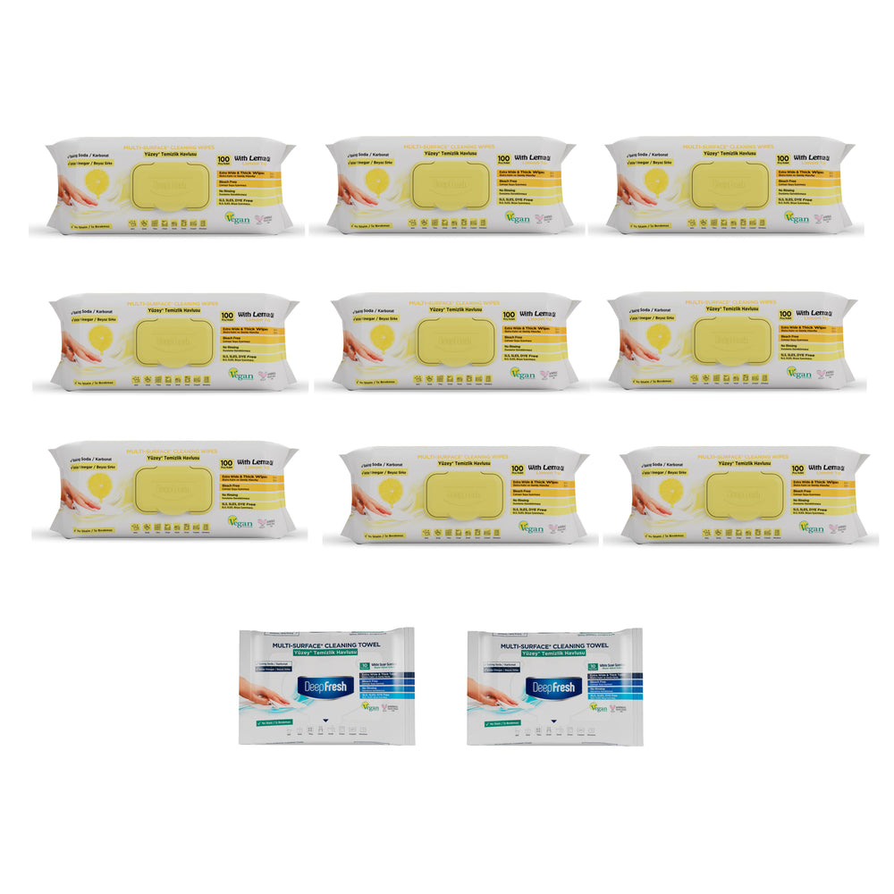 Şerveţele umede pentru multi suprafeţe cu lămâie, bicarbonat şi oțet Deep Fresh 100 de bucăți × 9 pachete + Şerveţele umede pentru multi suprafeţe cu bicarbonat şi oțet Deep Fresh 10 bucăți × 2 pachete - Redist