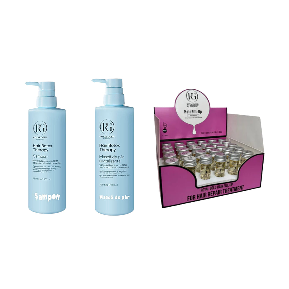 Șampon Hair Boto Therapy by Royal Gold 500 ml + Mască de păr revitalizantă Boto Therapy by Royal Gold 500 ml + Mască de păr lichidă fiolă tratament Redist 13 ml × 30 bucăți - Redist