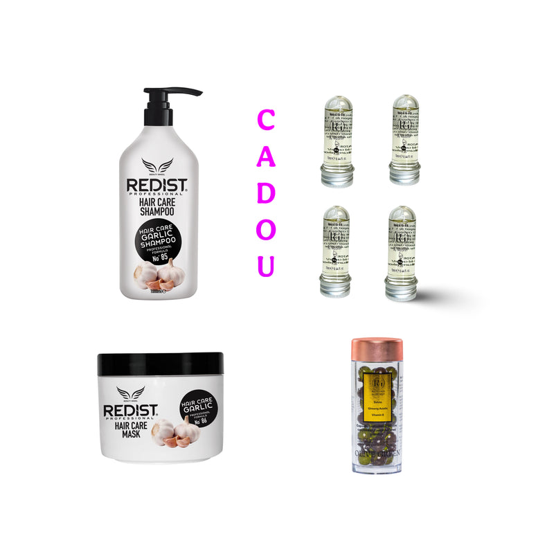 Sampon cu usturoi 1000 ml + Masca cu usturoi + Capsule tratament pentru cresterea si regenerarea parului cu Salvie 30 buc + CADOU : Mască de păr lichidă fiolă tratament Redist 13 ml × 4 bucăți