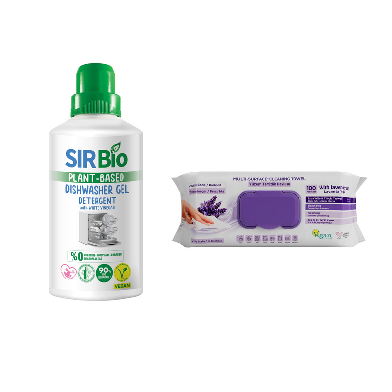 Detergent gel pentru maşina de spălat vase Sir Bio 1000 ml + Şerveţele umede pentru multi suprafeţe cu lavandă , bicarbonat şi oțet Deep Fresh 100 de bucăți