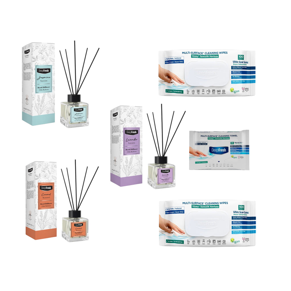 Odorizant de camera cu betisoare DeepFresh 100 ml × 3 bucaţi + Şerveţele umede pentru multi suprafeţe cu bicarbonat şi oțet Deep Fresh 100 de bucăți × 2 pachete + Servetele umede DeepFresh 10 bucăți - Redist