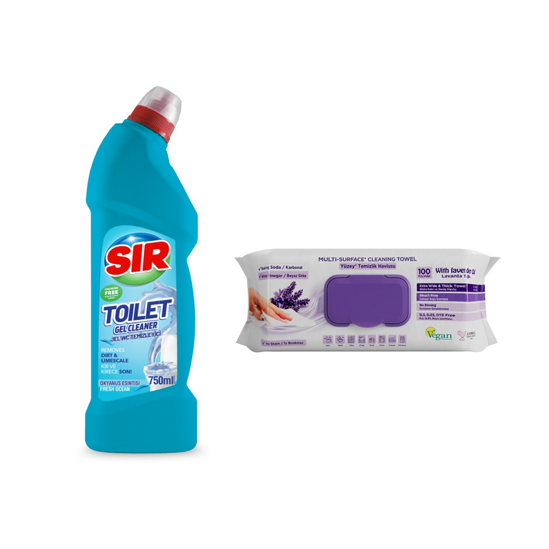 Soluție gel de curățare pentru vasul de toaletă Sir Fresh Ocean 750 ml + Şerveţele umede pentru multi suprafeţe cu lavandă , bicarbonat şi oțet Deep Fresh 100 de bucăți