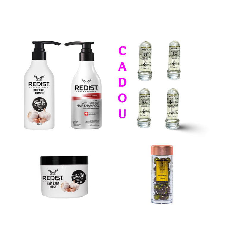 Sampon cu usturoi 500 ml + Masca cu usturoi + Sampon Împotriva Caderii Parului Redist 500 ml + Capsule tratament pentru cresterea si regenerarea parului cu Salvie 30 buc + CADOU : Mască de păr lichidă fiolă tratament Redist 13 ml × 4 bucăți