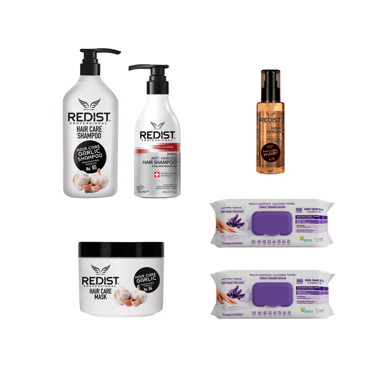 Sampon cu usturoi 1000 ml si Masca cu usturoi + Sampon Anti Hair Loss Redist 500 ml +Ser de par cu Argan si Keratina Redist 125 ml +Şerveţele umede pentru multi suprafeţe cu lavandă , bicarbonat şi oțet Deep Fresh 100 de bucăți × 2 pachete