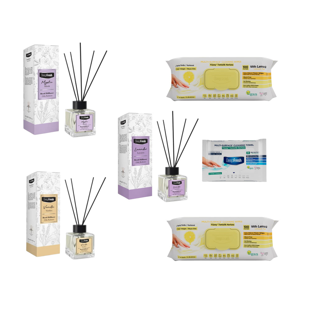 Odorizant de camera cu betisoare DeepFresh 100 ml × 3 bucaţi + Şerveţele umede pentru multi suprafeţe cu lămâie , bicarbonat şi oțet Deep Fresh 100 de bucăți × 2 pachete + Servetele umede DeepFresh 10 bucăți - Redist