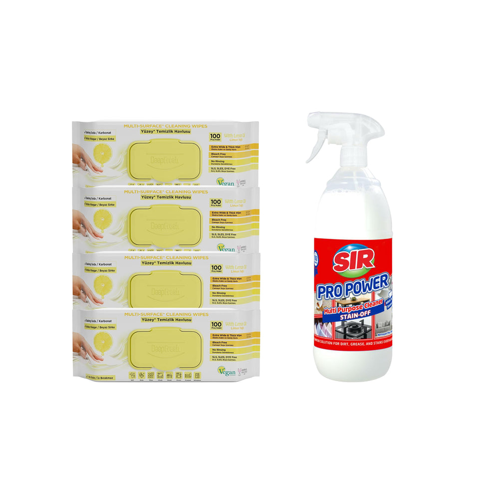 Soluţie pentru ȋndepartarea petelor multi suprafeţe Sir Pro Power 1000 ml + Şerveţele umede pentru multi suprafeţe cu lămâie, bicarbonat şi oțet Deep Fresh 100 de bucăți × 4 pachete - Redist