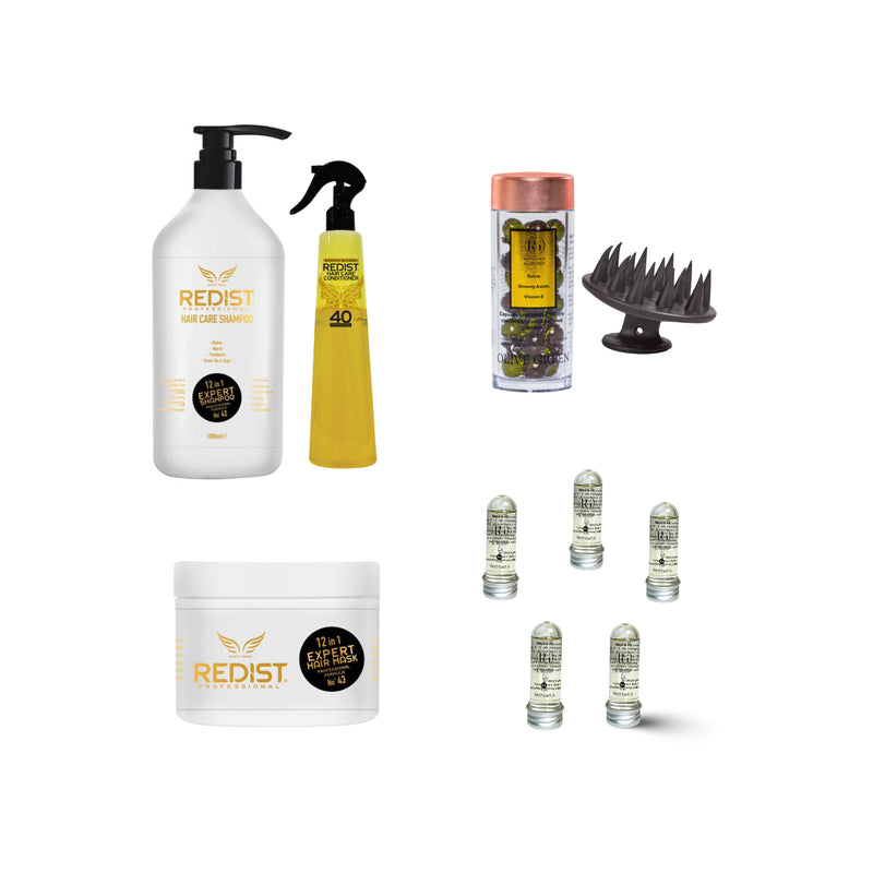 Gama profesionala pentru păr Redist 12 in 1 Expert + Capsule tratament cu Salvie 30 buc + Balsam bifazic Miracle Oils 40 Overdose 400 ml + Perie masaj pentru scalp +CADOU : Mască de păr lichidă fiolă tratament Redist 13 ml × 5 bucăți