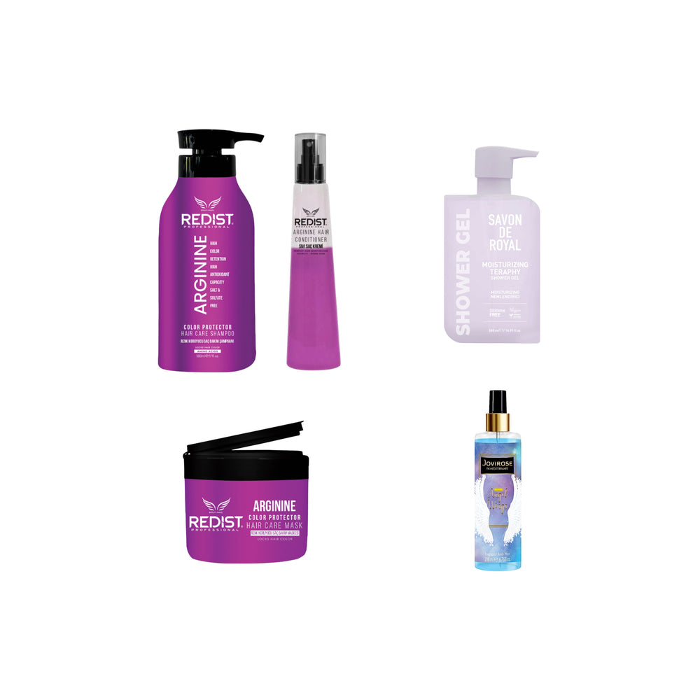 Sampon cu Arginine Redist pentru protectia culorii 500 ml + Masca de par cu Arginine Redist 250 ml + Balsam bifazic Arginine Redist 225 ml +CADOU : Gel de duș Savon de Royal Moisturizing Teraphy 500 ml + Body mist Angel Wings 200 ml - Redist