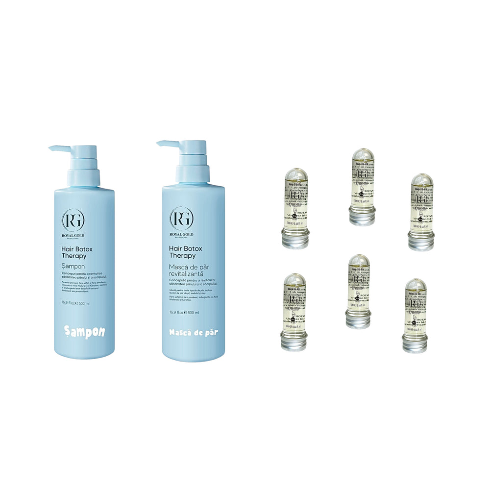 Șampon Hair Boto Therapy by Royal Gold 500 ml + Mască de păr revitalizantă Boto Therapy by Royal Gold 500 ml + Mască de păr lichidă fiolă tratament Redist 13 ml × 6 bucăți - Redist