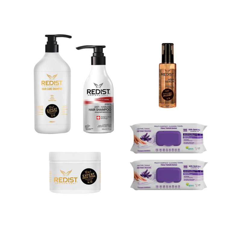 Sampon Redist Professional 12 in 1 Expert 1000 ml și Masca de păr Redist Professional 12 in 1 Expert 500 ml + Sampon Anti Hair Loss Redist 500 ml + Ser de par cu Argan si Keratina Redist 125 ml + Şerveţele umede cu lavandă , bicarbona și oțet × 2 pachete