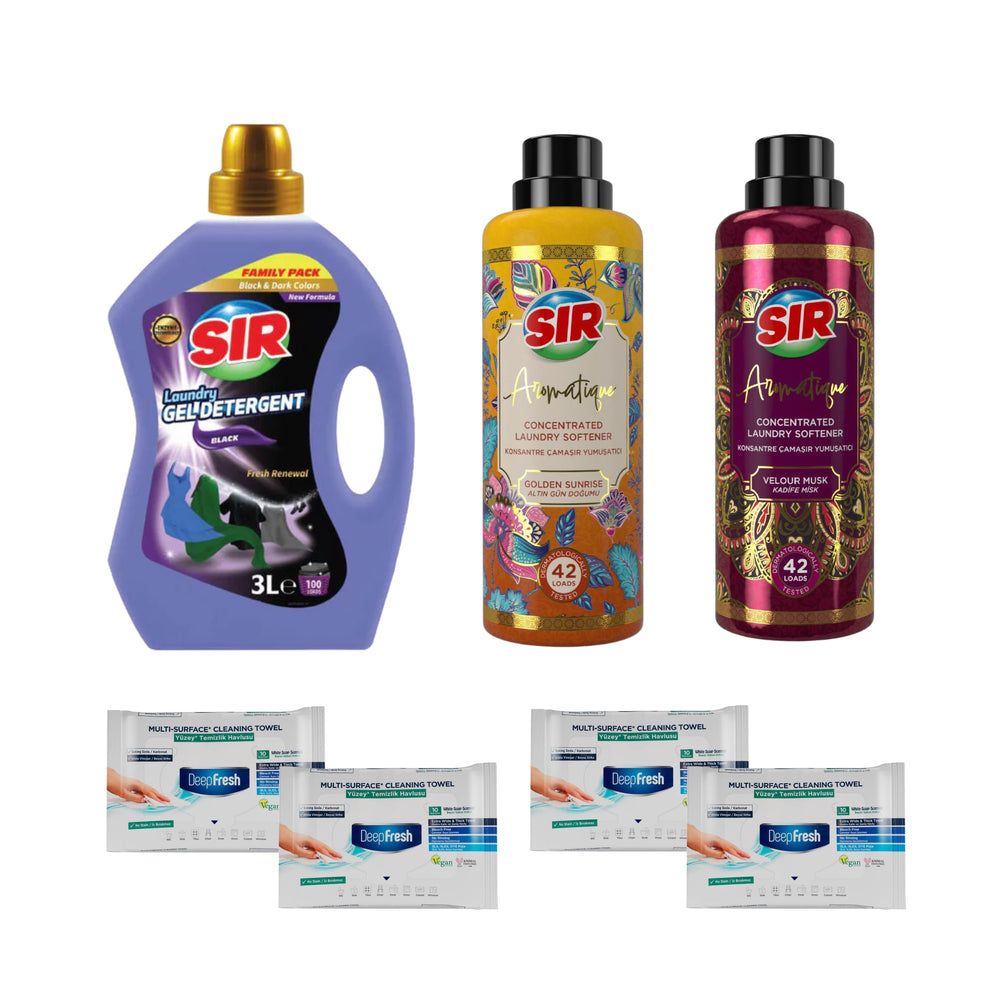 Detergent pentru haine negre Sir Black 3 litri + Balsam de rufe SIR Aromatique Concentrat 750 ml Golden + Velour + Şerveţele umede pentru multi suprafeţe cu bicarbonat şi oțet Deep Fresh 10 bucăți × 4 pachete - Redist