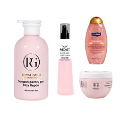 Gama reparatoare Max Repair Pink + Balsam Bifazic cu protecție termică Redist Biotin + Gel de duș cu sclipici Pink Dream