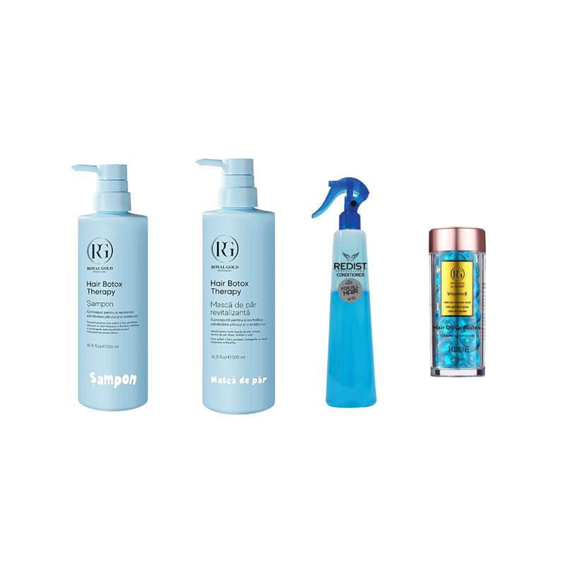 Șampon Hair Botox Therapy by Royal Gold 500 ml + Mască de păr revitalizantă Botox Therapy  by Royal Gold 500 ml + Capsule ser tratament pentru păr Blue Royal Gold by Redist 30 Buc + Balsam Bifazic Redist pentru toate tipurile de par 400 ml