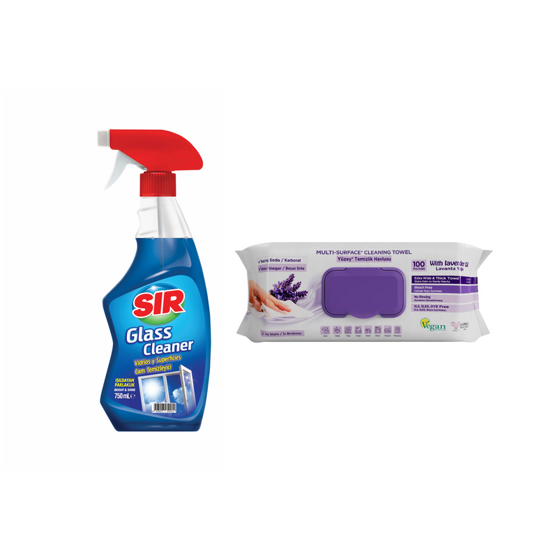 Soluție pentru geamuri Sir 750 ml + Şerveţele umede pentru multi suprafeţe cu lavandă , bicarbonat şi oțet Deep Fresh 100 de bucăți