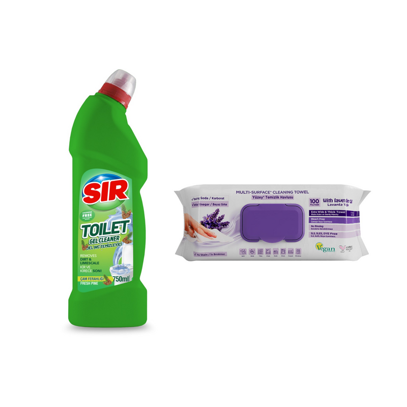 Soluție gel de curățare pentru vasul de toaletă Sir Fresh Pine 750 ml + Şerveţele umede pentru multi suprafeţe cu lavandă , bicarbonat şi oțet Deep Fresh 100 de bucăți