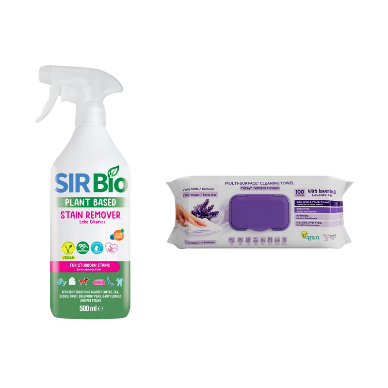 Soluţie pentru ȋndepartarea petelor multi suprafeţe Sir Bio 500 ml + Şerveţele umede pentru multi suprafeţe cu lavandă , bicarbonat şi oțet Deep Fresh 100 de bucăți