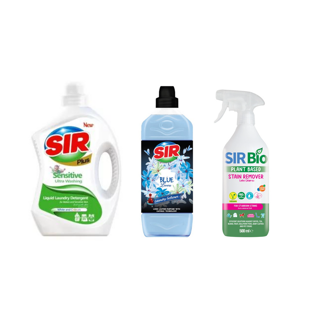 Detergent rufe Sir Sensitive + Balsam de rufe Sir Blue Lovers + Soluţie ȋndepartarea petelor multi suprafeţe Sir Bio - Redist