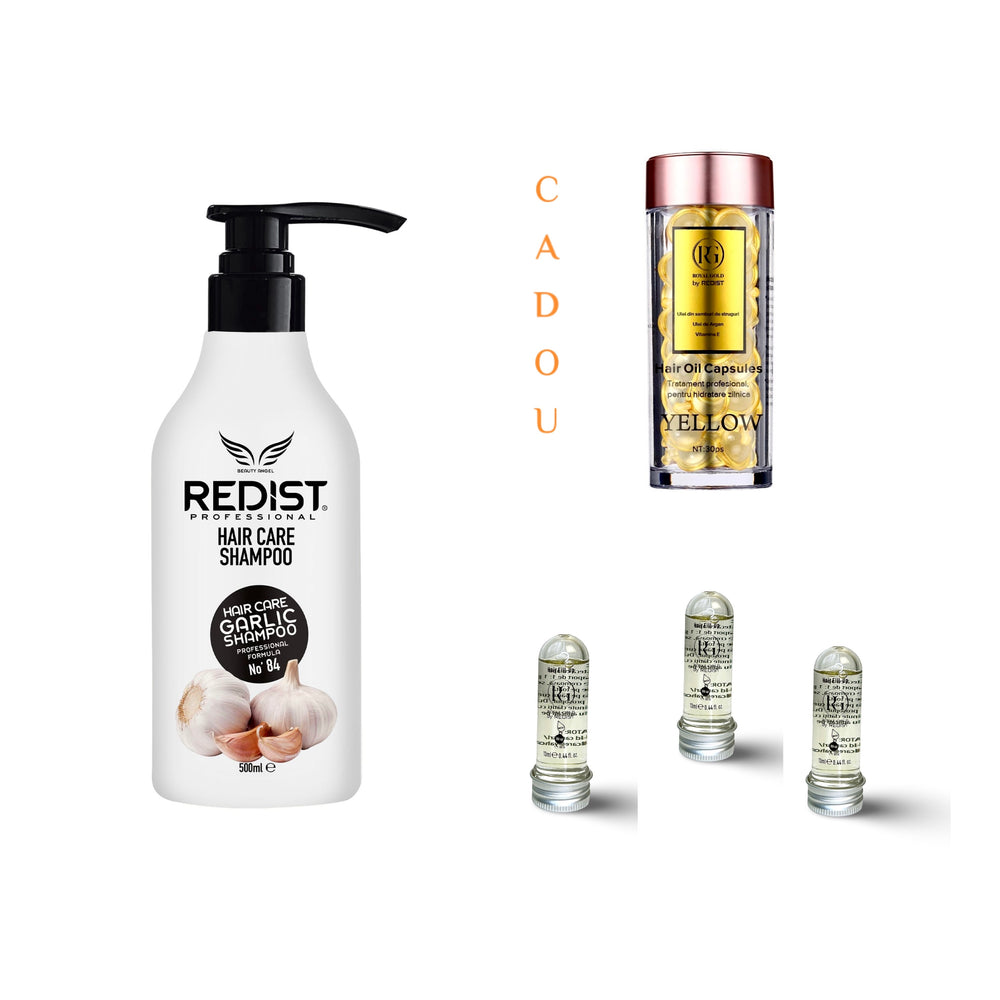 Sampon profesional cu extract de usturoi 500 ml + Capsule ser tratament pentru par Yellow Royal Gold by REDIST 30 buc + Cadou: Masca de par lichida fiola tratament Redist 13 ml - Redist