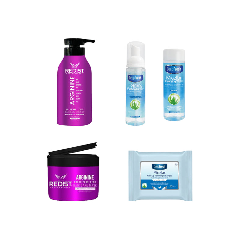 Sampon cu Arginine Redist pentru protectia culorii 500 ml + Masca de par cu Arginine Redist 250 ml + Pachet pentru curatarea si ingrijirea tenului Deep Fresh - Gama Micellar