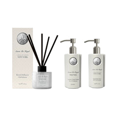 Gama Luxury Savon de Royal New York : Odorizant de cameră cu bețe 120 ml + Sapun lichid pentru mâini 330 ml + Loțiune de mâini și corp 330 ml - Redist