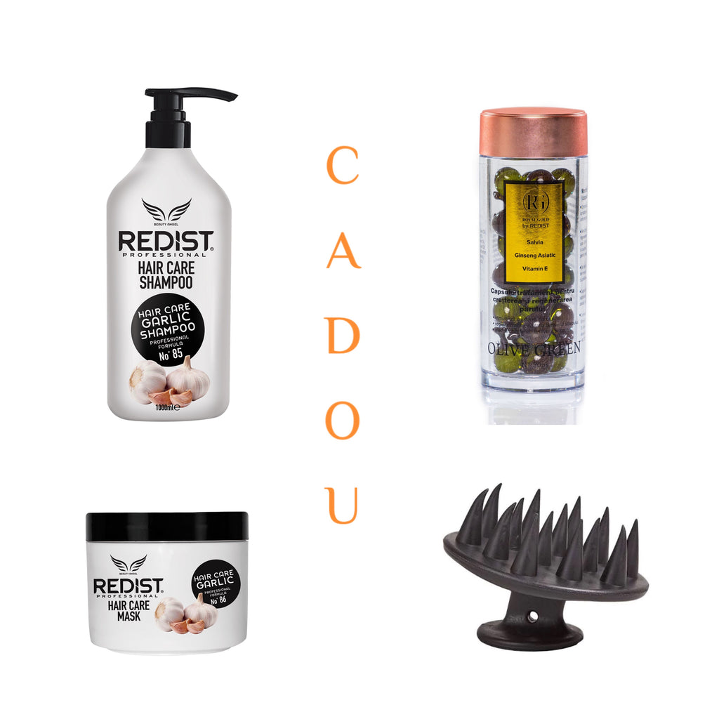 Pachet pentru cresterea si regenerarea parului 1000 ml + Masca usturoi 475 ml + Capsule ser tratament cu salvie + Perie pentru masaj scalp