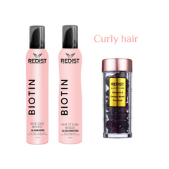 Pachet pentru păr creț : Hair Care Mousse BIOTIN Redist 200 ml + Hair Styling Mousse Biotin Redist 200 ml + Capsule pentru par cu Biotina Purple Redist 30 buc - Redist