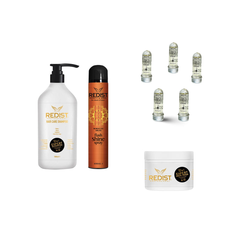 Gama profesionala Redist 12 in 1 Expert:
Sampon Redist Professional 12 in 1 Expert 1000 ml și Masca de păr Redist Professional 12 in 1 Expert 500 ml + Spray pentru stralucirea parului Redist 400 ml + Mască de păr lichidă fiolă tratament Redist 13 ml×5 buc