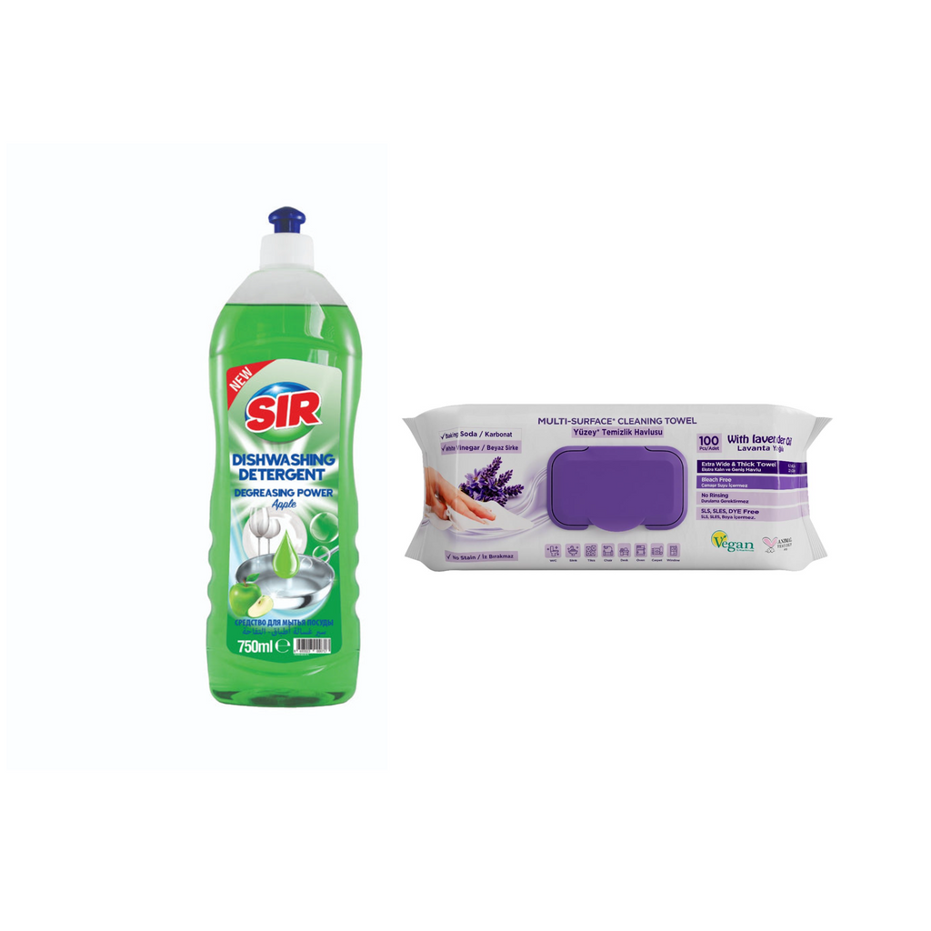 Detergent pentru vase Sir Apple 1000 ml + Şerveţele umede pentru multi suprafeţe cu lavandă , bicarbonat şi oțet Deep Fresh 100 de bucăți