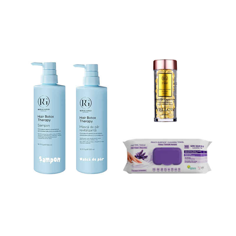 Gama Botox Therapy by Royal Gold 500 ml + Capsule ser Yellow Royal Gold 30 buc + Servetele cu Lavandă Deep Fresh 100 buc