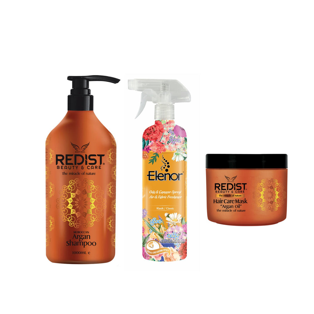Sampon cu ulei de Argan Redist 1000 ml + Masca pentru par cu Argan Redist 475 ml + Odorizant pentru cameră și textile Elenor Classic 500 ml - Redist