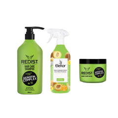 Sampon profesional cu Keratina Redist 1000 ml + Masca profesionala pentru par cu Keratina Redist 475 ml + Odorizant pentru cameră și textile Elenor Melon Sorbet 500 ml - Redist