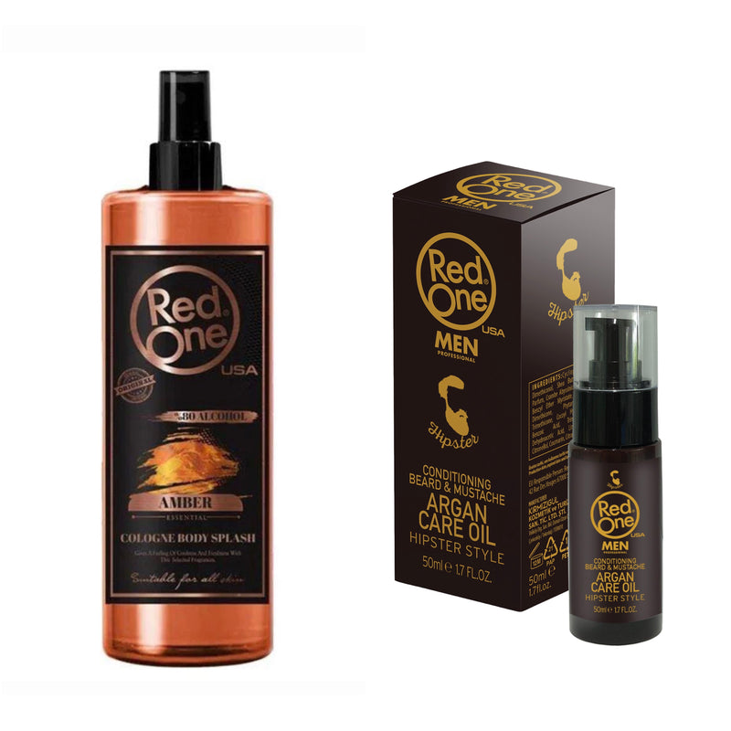 Set profesional pentru îngrijirea bărbii: Ulei de argan pentru barba + Apa de colonie pentru fata și corp Body Splash Amber 400 ml