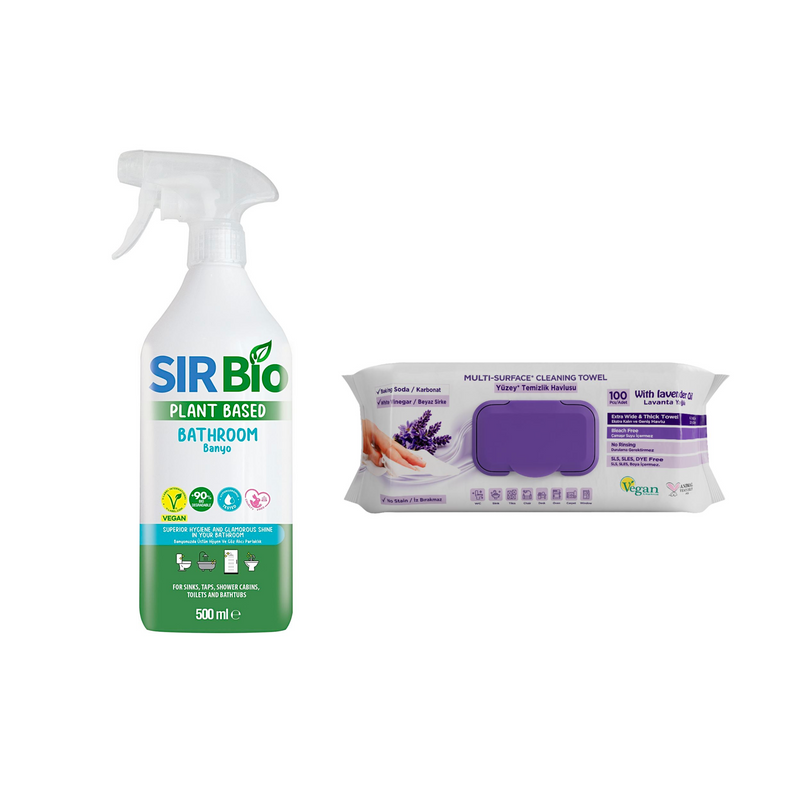 Soluție de curățare pentru baie Sir Bio 500 ml + Şerveţele umede pentru multi suprafeţe cu lavandă , bicarbonat şi oțet Deep Fresh 100 de bucăți