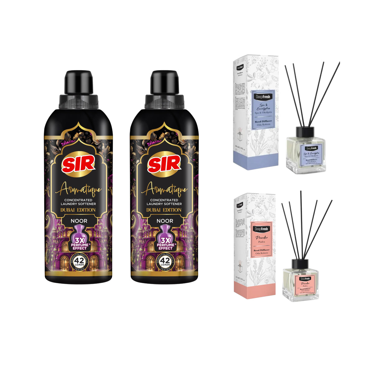 Balsamul de rufe ultra-concentrat SIR Aromatique Dubai Edition NOOR × 2 buc  + Odorizant de cameră cu bețişoare Deep Fresh  POWDER + Odorizant de cameră cu bețişoare Deep Fresh  SPA & EUCALYPTUS