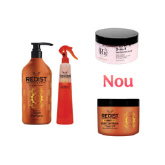 Gama cu ulei de Argan Redist : Sampon cu ulei de Argan 1000 ml + Masca cu Argan 475 ml + Balsam bifazic cu ulei de Argan 400ml + Scrub pentru scalp 3 în 1 Royal Gold