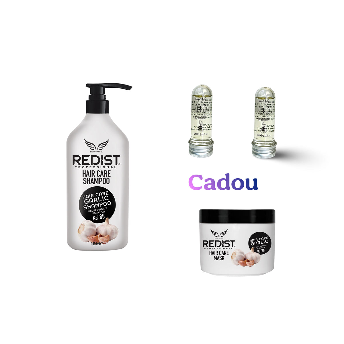 Sampon profesional cu extract de usturoi 1000 ml + Masca cu usturoi + CADOU : Mască de păr lichidă fiolă tratament Redist 13 ml × 2 bucăți - Redist