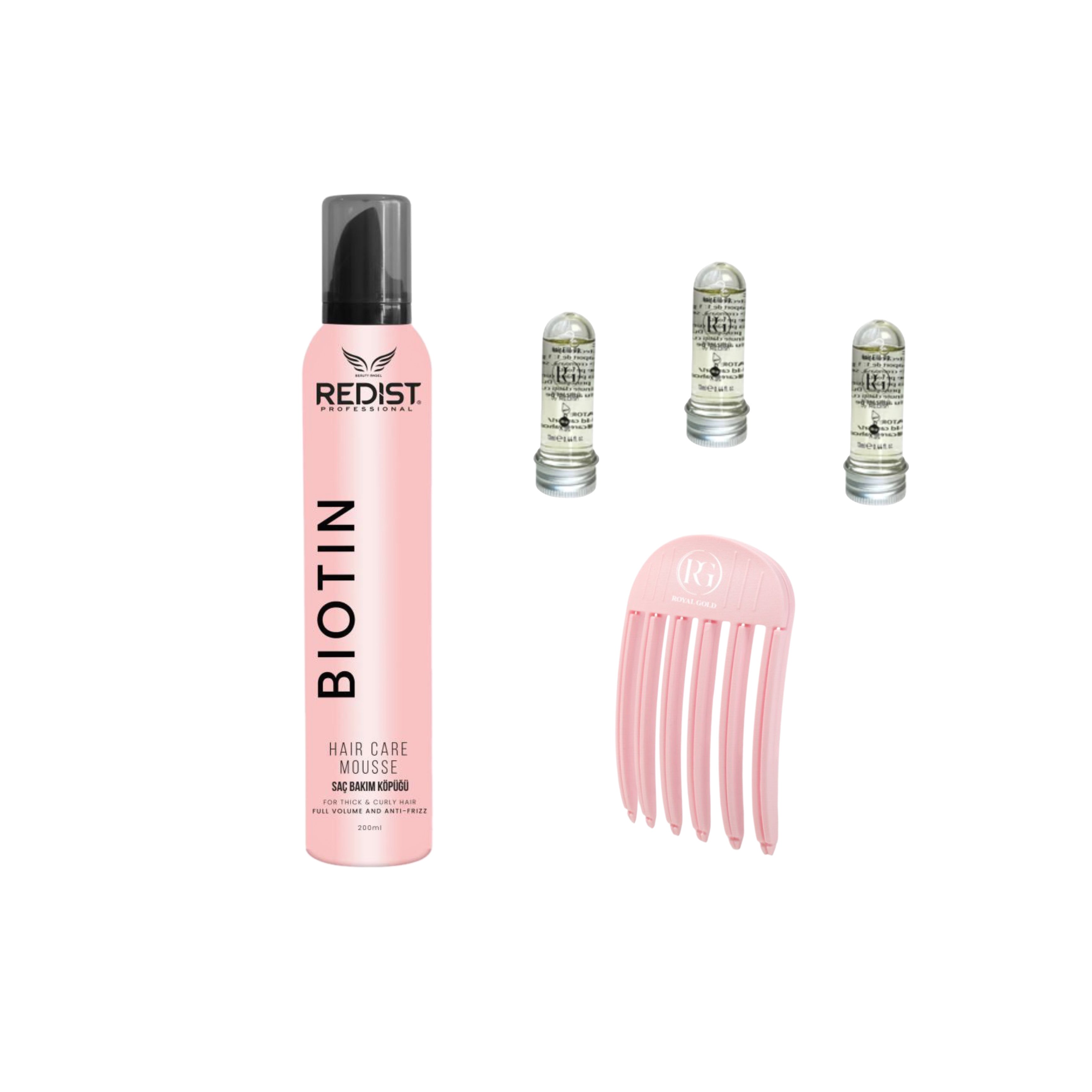 Hair Care Mousse BIOTIN Redist + Mască de păr lichidă fiolă tratament Redist x 3 bucăți+ Accesoriu pentru volumizarea