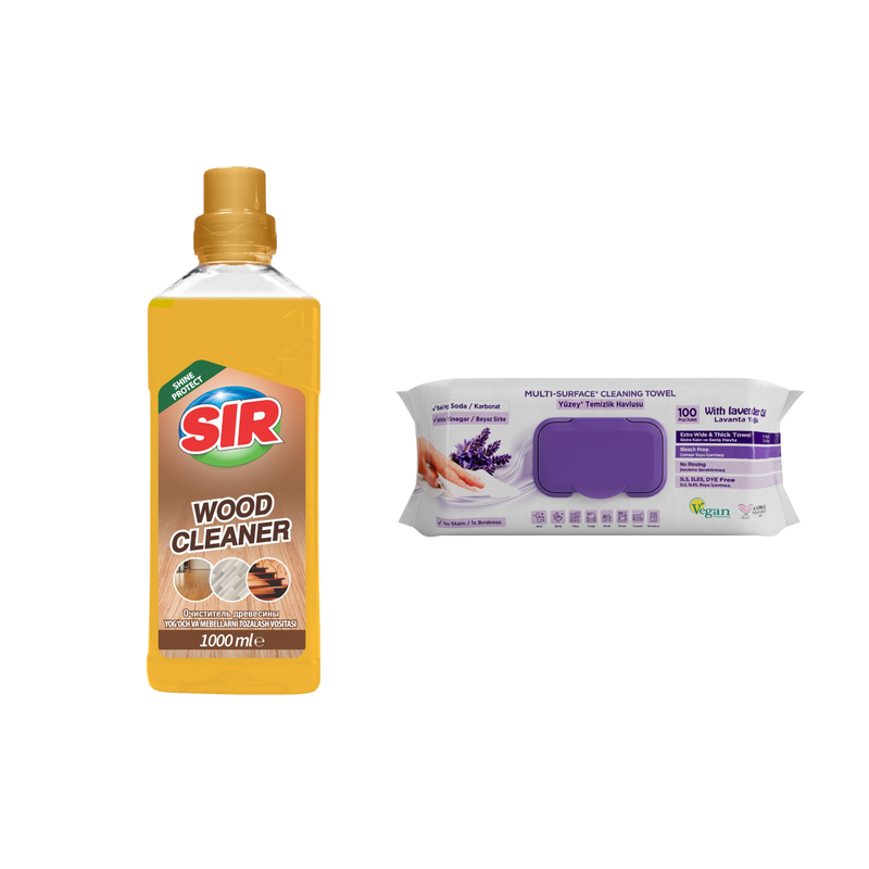Soluție pentru parchet Sir Shine Protect 1000 ml + Şerveţele umede pentru multi suprafeţe cu lavandă , bicarbonat şi oțet Deep Fresh 100 de bucăți