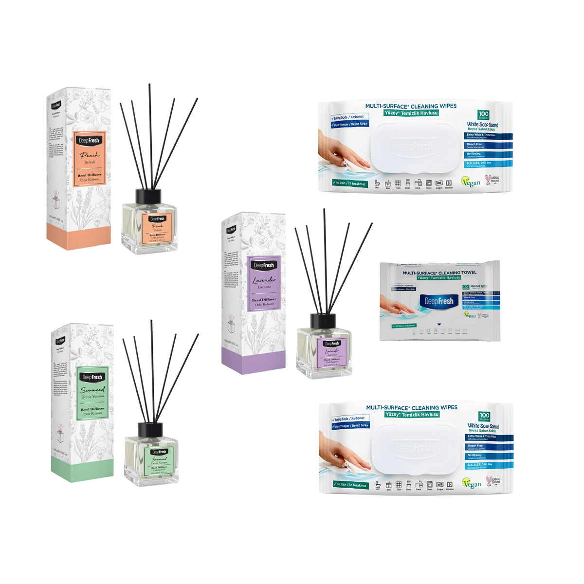 Odorizant de camera cu betisoare DeepFresh 100 ml × 3 bucaţi  + Şerveţele umede pentru multi suprafeţe cu bicarbonat şi oțet Deep Fresh 100 de bucăți × 2 pachete  + Servetele umede DeepFresh 10 bucăți - Redist