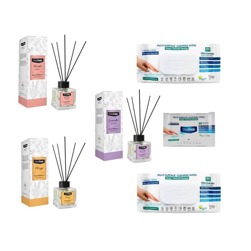 Odorizant de camera cu betisoare DeepFresh 100 ml × 3 bucaţi  + Şerveţele umede pentru multi suprafeţe cu bicarbonat şi oțet Deep Fresh 100 de bucăți × 2 pachete  + Servetele umede DeepFresh 10 bucăți