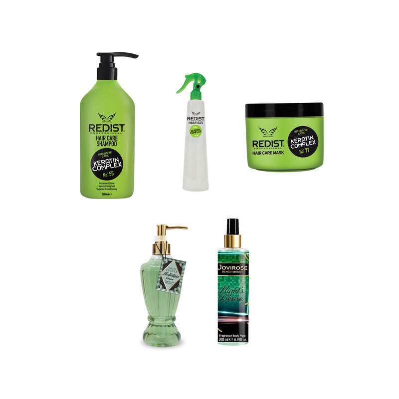 Sampon profesional cu Keratina Redist 1000 ml + Masca par cu Keratina Redist 500 ml + Balsam Bifazic cu Keratina cu protecție termica 400 ml + Sapun lichid pentru maini Nostalgia Green Savon de Luxe 500 ml + Body mist Night's Desirex