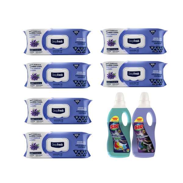 Nou : Șervețele mulți suprafețe cu Lavandă bicarbonat și oțet Deep Fresh Odor Lock Technology 100 buc × 6 pachete + Detergent pentru haine albe și colorate Sir White & Colors + Detergent pentru haine negre Sir Black