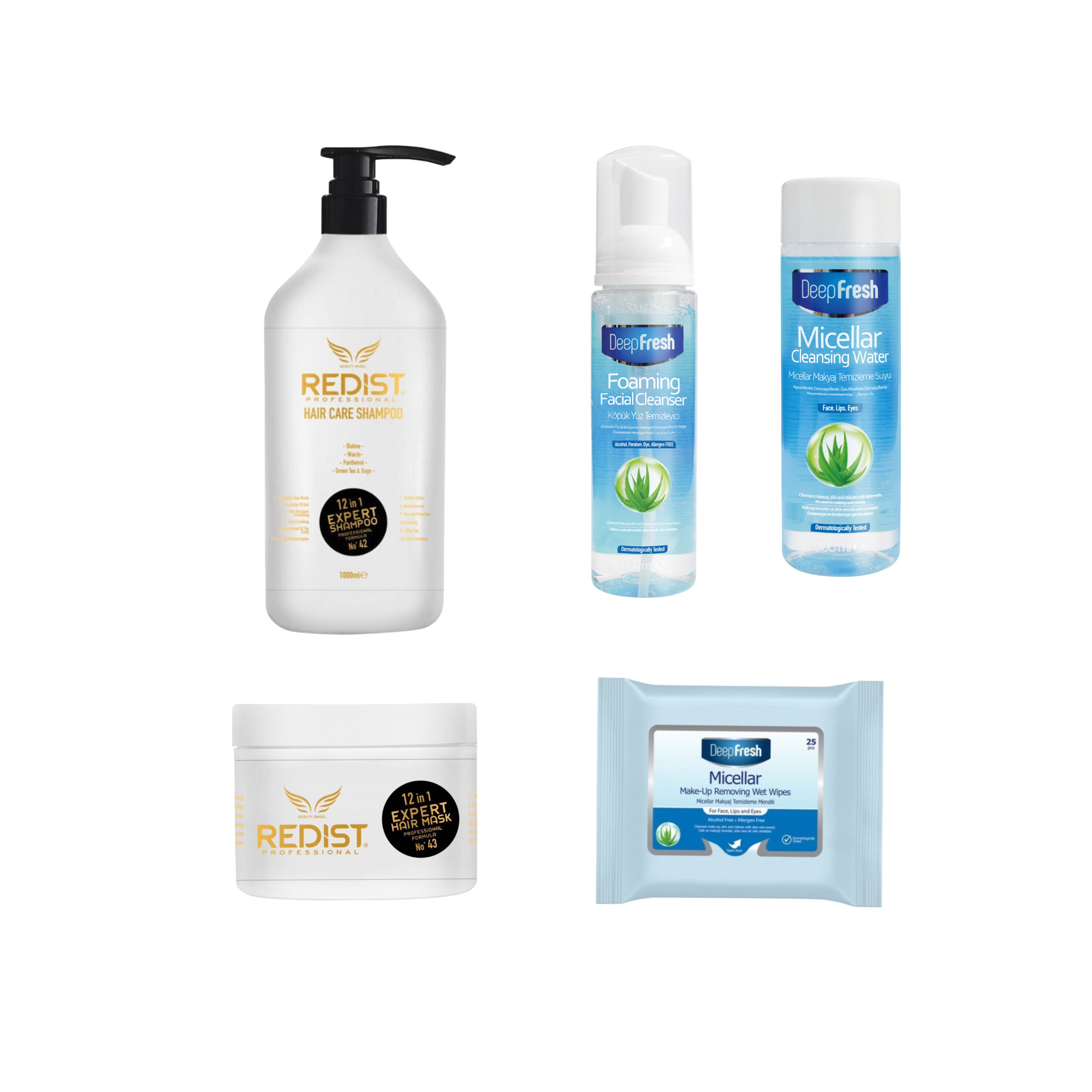 Gama profesionala pentru păr Redist 12 in 1 Expert : Sampon Redist Professional 12 in 1 Expert 1000 ml și Masca de păr Redist Professional 12 in 1 Expert 475 ml + Pachet pentru curatarea si ingrijirea tenului Deep Fresh - Gama Micellar