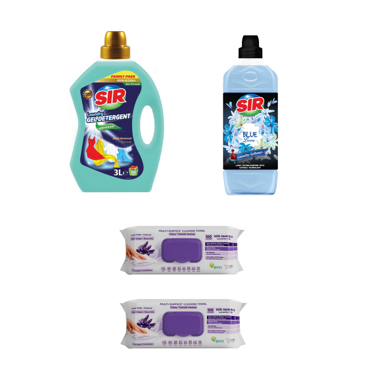 Detergent pentru haine albe și colorate Sir White & Colors + Balsam de rufe Sir Blue Lovers + Şerveţele umede multi suprafeţe cu lavandă , bicarbonat şi oțet Deep Fresh 100 de bucăți × 2 pachete