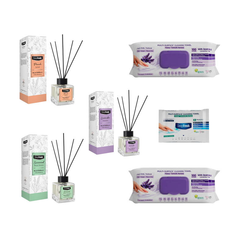 Odorizant de camera cu betisoare DeepFresh 100 ml × 3 bucaţi  + Şerveţele umede pentru multi suprafeţe cu lavandă , bicarbonat şi oțet Deep Fresh 100 de bucăți × 2 pachete  + Servetele umede DeepFresh 10 bucăți