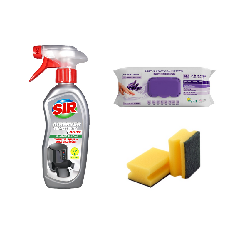 Pachet soluție pentru curățare aparate Air Fryer Sir 250 ml + 2 bucaţi bureţi + Serveţele multi suprafeţe cu lavandă, bicarbonat şi oțet Deep Fresh 100 bucăţi
