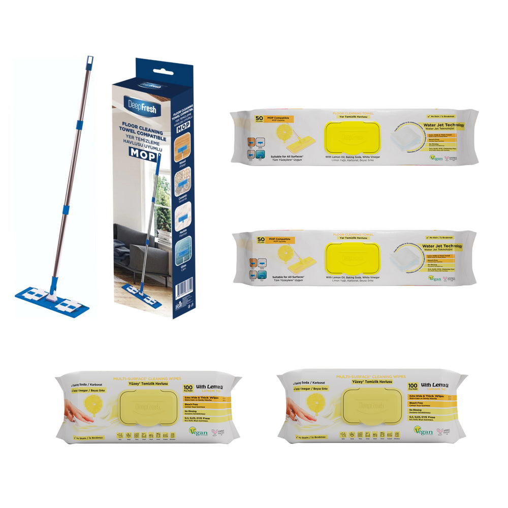 Pachet curățenie Deep Fresh cu bicarbonat, oțet și lămâie: mop + 2x șervețele mop + 2x șervețele multisuprafețe - Redist