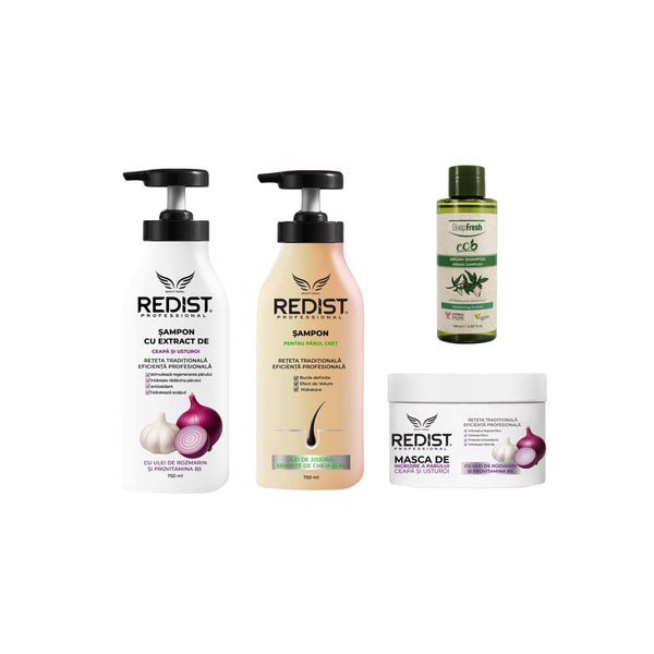 Gama cu extract de ceapă și usturoi Redist + Șampon pentru păr creț Redist + Șampon Eco cu ulei de Argan DeepFresh