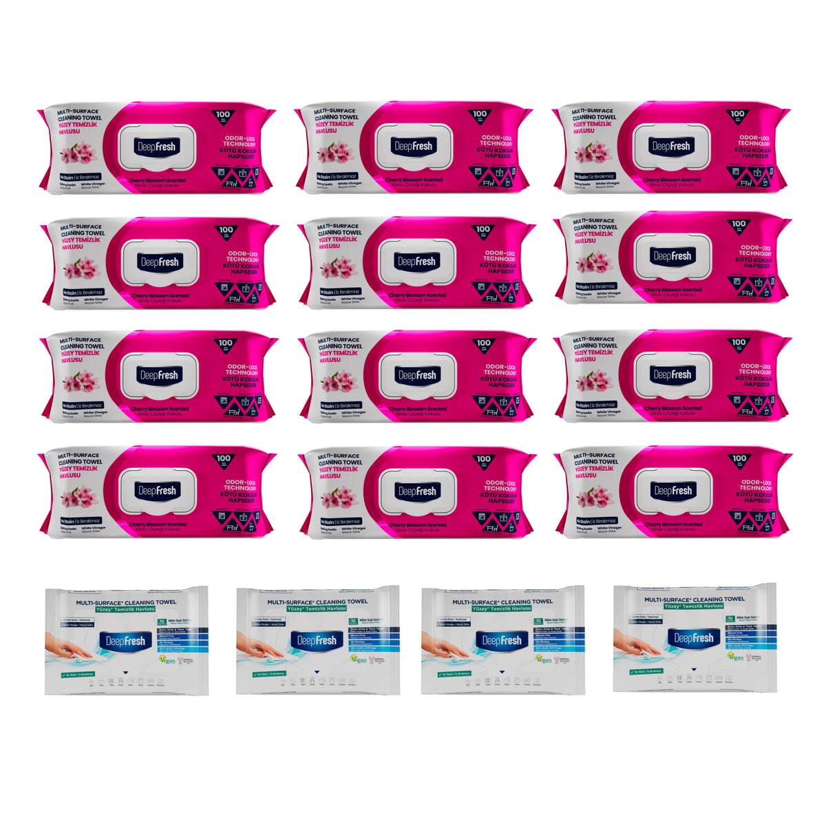 Şerveţele umede pentru multi suprafeţe cu bicarbonat şi oțet  Crini Deep Fresh 100 bucăți × 12 pachete și 4 pachete Șervețele mulți suprafețe cu bicarbonat și oțet Deep Fresh (pachet mini 10 bucăți)